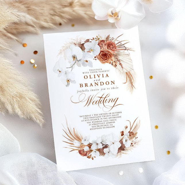 Convite Terracotta e Orquídeas Brancas Flores Boho Casamen (Terracotta Wedding Invitation)