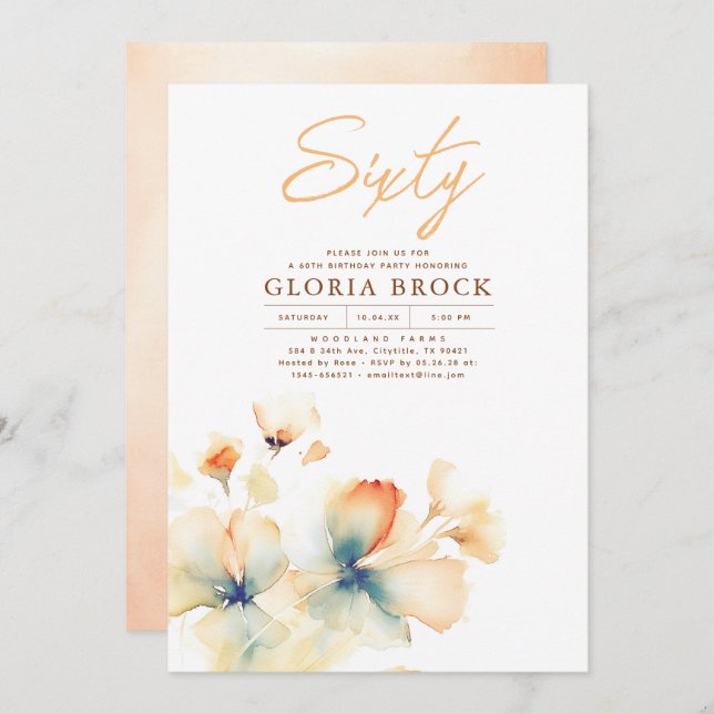Convite Terracotta e Teal Blue Floral Queda Aniversário (Frente/Verso)
