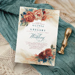 Convite Terracotta e Teal Floral Elegant Boho Wedding<br><div class="desc">Popa de pampas,  terracotta roxas flores e folhagem de folhas de chá,  convites para casamento elegantes</div>