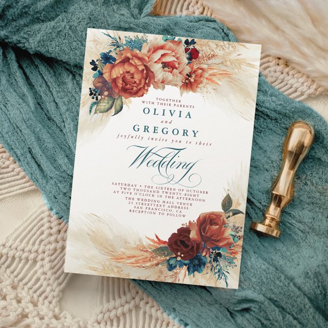 Convite Terracotta e Teal Floral Elegant Boho Wedding (Boho Fall Wedding Invitations)