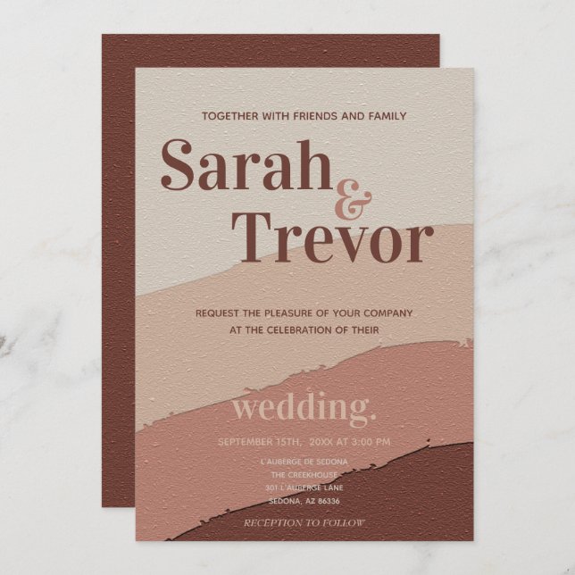Convite Terracotta e Vinho da Abstrato de Casamento 70 (Frente/Verso)