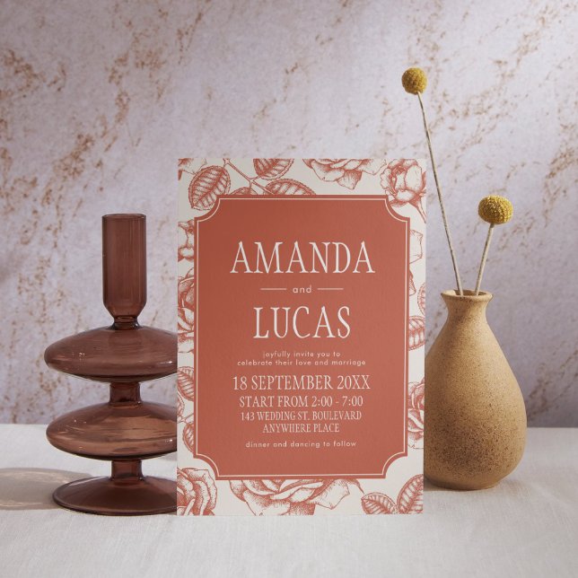 Convite Terracotta Elegant Chinoiserie Casamento (Terracotta Vintage Elegant Wedding Invitation)