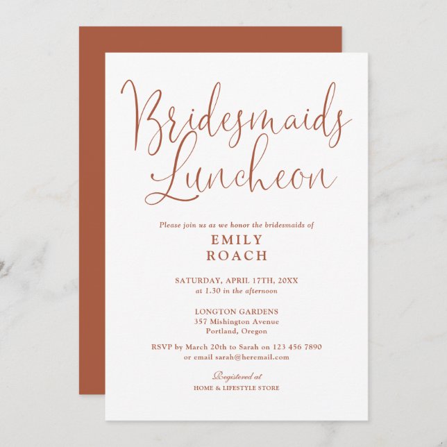 Convite Terracotta Elegant Script Bridesmaids Luncheon (Frente/Verso)