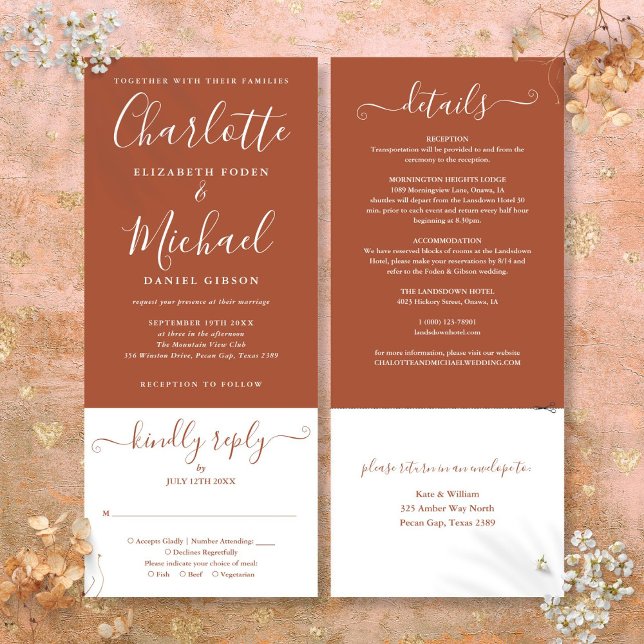 Convite Terracotta Elegant Script Tudo Em Um Casamento (Terracotta Elegant Script All In One Wedding Invitation)