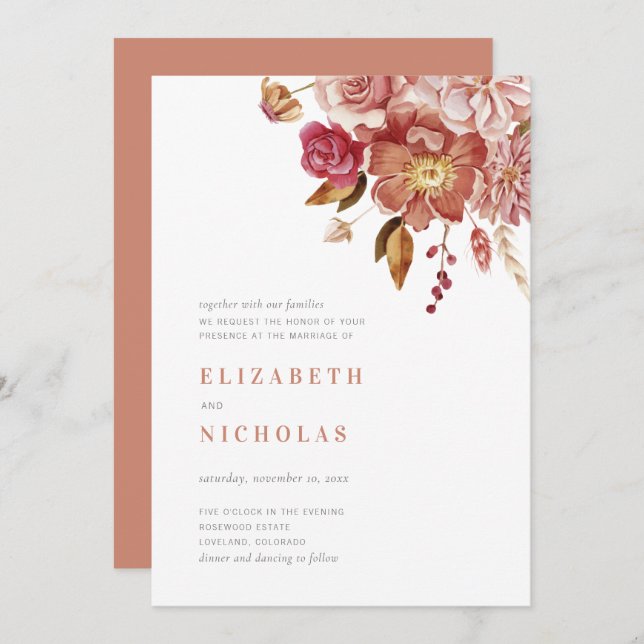 Convite Terracotta Elegant Watercolor Casamento Floral (Frente/Verso)