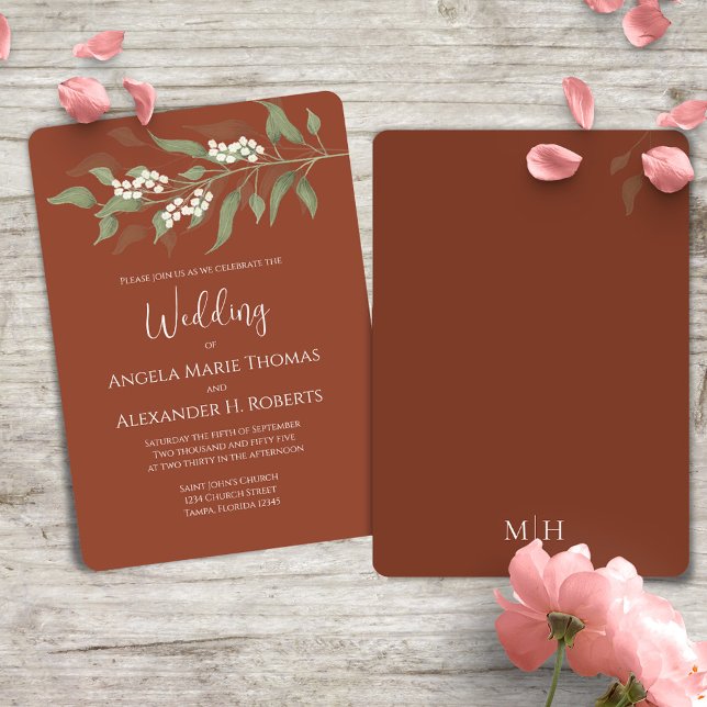 Convite Terracotta Elegante Casamento Verde (Terracotta elegant wedding invitation with watercolor greenery and foliage. )