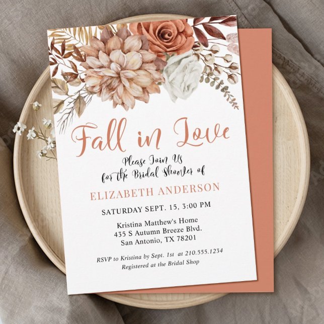 Convite Terracotta Fall Boho Floral Chá de panela (An elegant terracotta Autumn themed bridal shower invitation with the, words,"Fall in love")