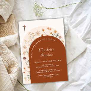 Convite Terracotta Fall Boho Wildflower Arch Cross Baptism