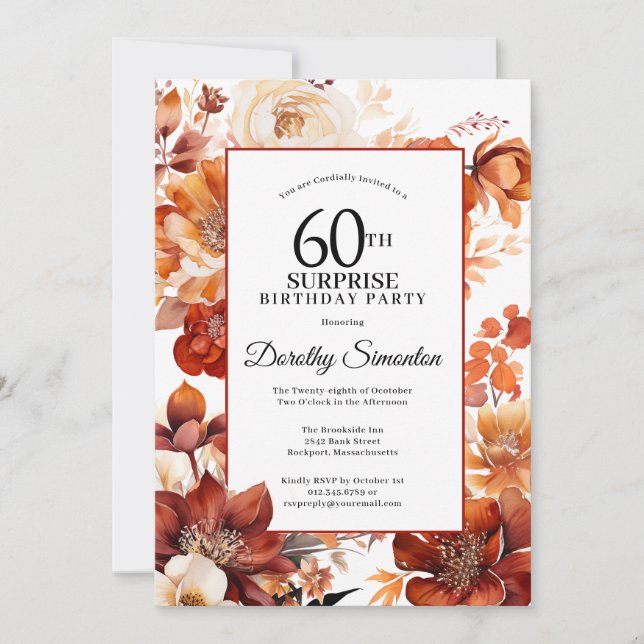 Convite Terracotta Fall Flowers 60th Surprise Birthday (Frente)