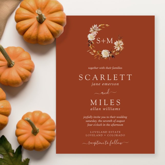 Convite Terracotta Fall Terracotta Monograma Wreath Casame (Terracotta Fall Terracotta Monogram Wreath Wedding Invitation by Painted Paperie
)