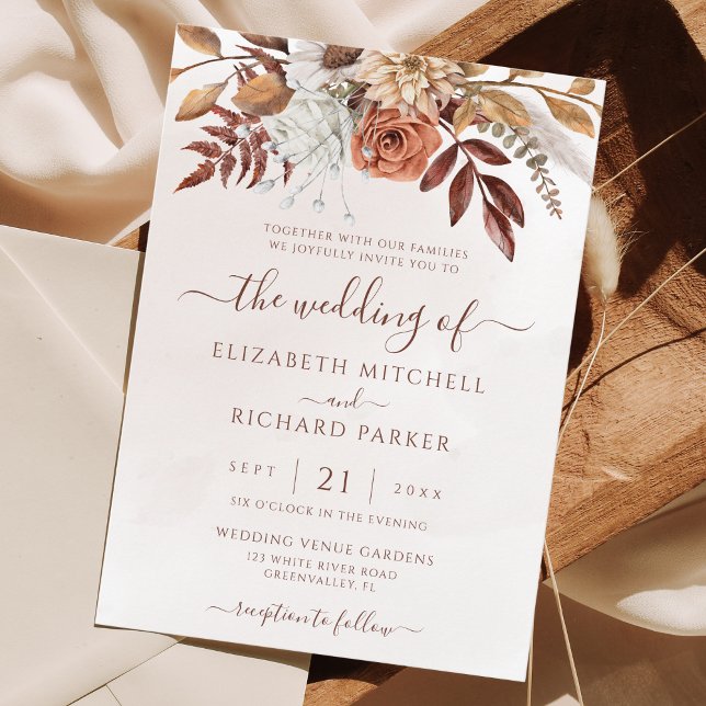 Convite Terracotta Ferrugem Flores Boho Folhagem Outono Ca (Fall in love with this boho wedding invitation. Rust and terracotta colored flowers for a cozy vibe.)