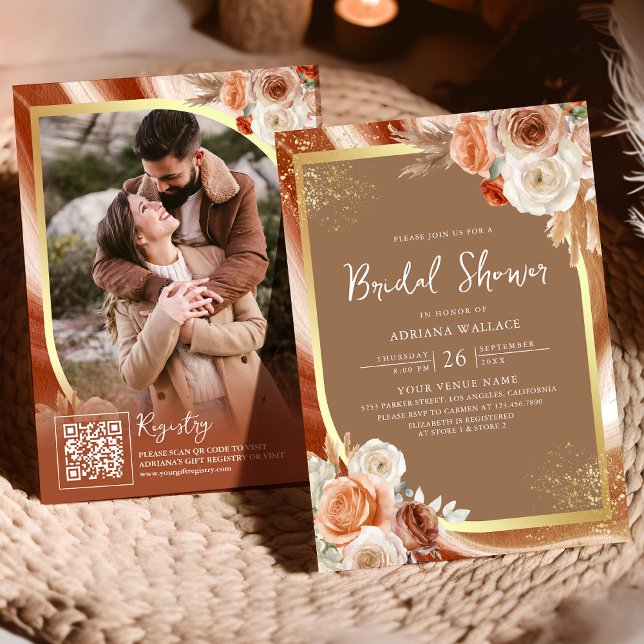 Convite Terracotta Floral Beige Dourado Chá de panela de C (Criador carregado)