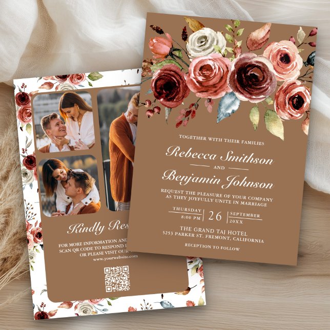 Convite Terracotta Floral Beige Tan QR Code Wedding (Criador carregado)