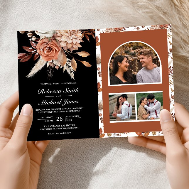 Convite Terracotta Floral Black QR Code Wedding (Criador carregado)