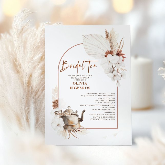 Convite Terracotta Floral Boho Chá de panela Tea Party (Bridal Tea Party Bridal Shower Invitation)