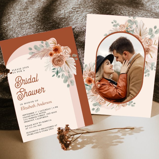 Convite Terracotta Floral Boho Pampas Chá de panela Fotogr (Criador carregado)