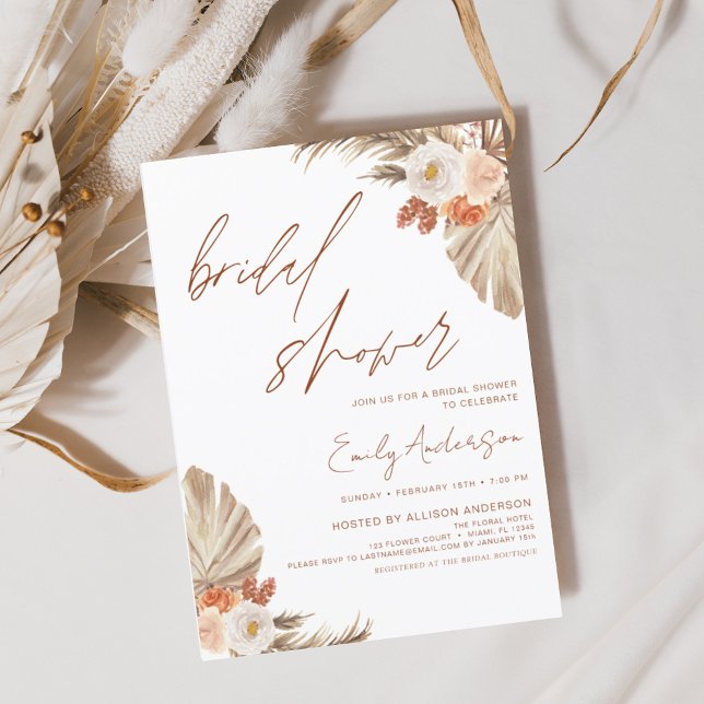 Convite Terracotta Floral Boho Pampas Chá de panela Grass (Criador carregado)