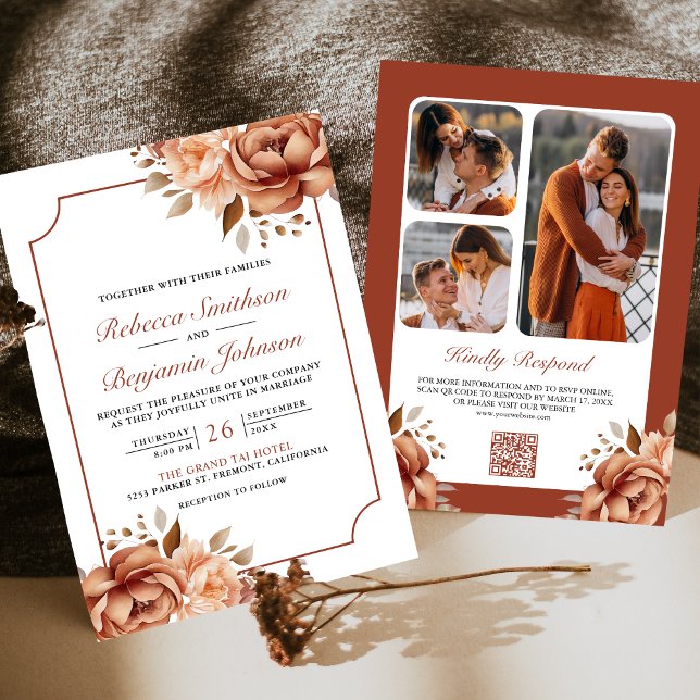 Convite Terracotta Floral Border Foto QR Code Casamento (Criador carregado)