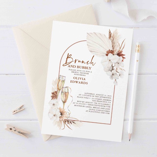Convite Terracotta Floral Brunch and Bubbly Bridal Shower (White orchids and pampas grass bridal shower invites set a sophisticated tone)