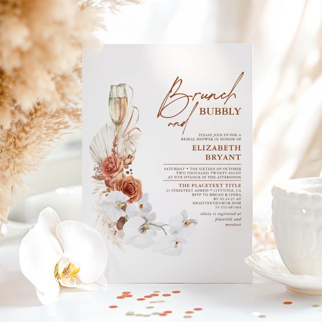 Convite Terracotta Floral Brunch e Chá de panela Bubble (Brunch and Bubbly Bridal Shower Invitations)
