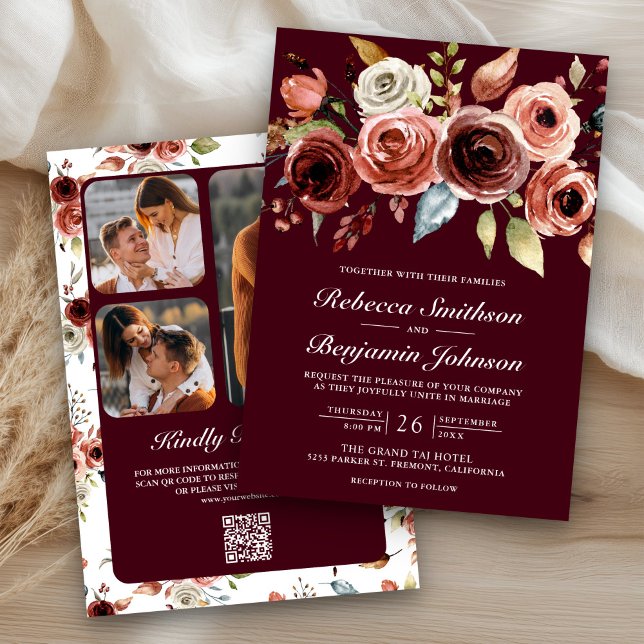Convite Terracotta Floral Burgundy QR Code Wedding (Criador carregado)