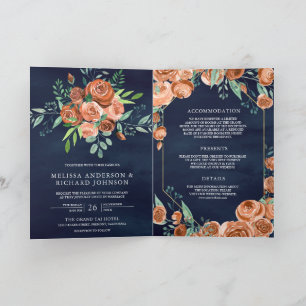 Convite Terracotta Floral Código QR Casamento Azul-Navy