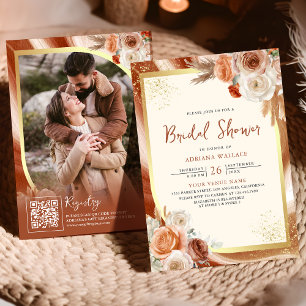 Convite Terracotta Floral Cream Dourado Código QR Chá de p