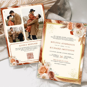 Convite Terracotta Floral Cream Foto Dourada Código QR Cas