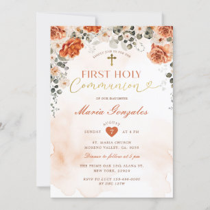 Convite Terracotta Floral Cross Girl First Santa Comunhão