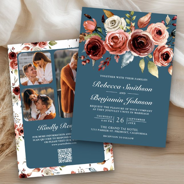 Convite Terracotta Floral Dusty Blue QR Code Wedding (Criador carregado)