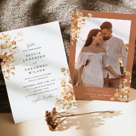 Convite Terracotta Floral Elegant Photo Back Wedding