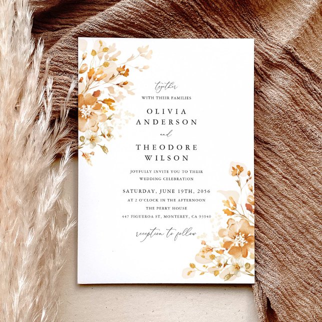 Convite Terracotta Floral Elegant Watercolor Wedding  (Terracotta floral elegant wedding invitation with soft gold accents and classic serif typography)
