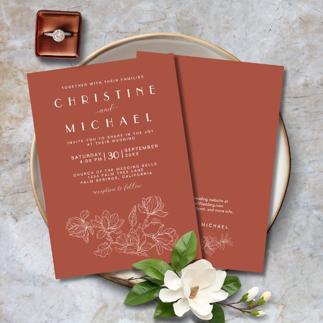 Convite Terracotta Floral Elegante Casamento Formal (Terracotta Floral Elegant Formal Wedding Invitation with Magnolias Line Art, Ivory, Script Fonts.)