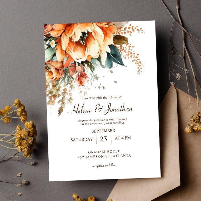 Convite Terracotta Floral Elegante Casamento outono Russo (Terracotta Floral Elegant Rustic Fall Wedding Invitation)