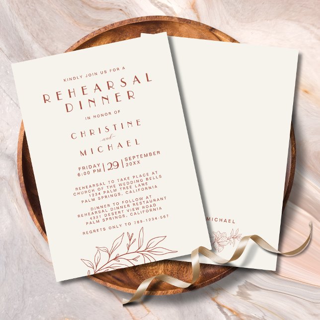 Convite Terracotta Floral Elegante Moderno Ensaio De Casam (Terracotta Floral Elegant Modern Wedding Rehearsal Dinner Invitation with Magnolia Leaves Line Art.)