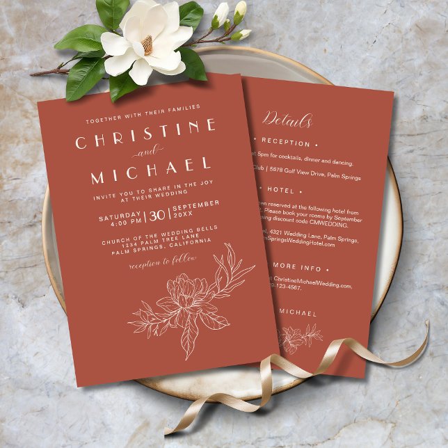 Convite Terracotta Floral Elegante Tudo Em Um Casamento BO (Terracotta Floral Elegant All-In-One BOHO Wedding Invitation with Magnolias, Wedding Details.)