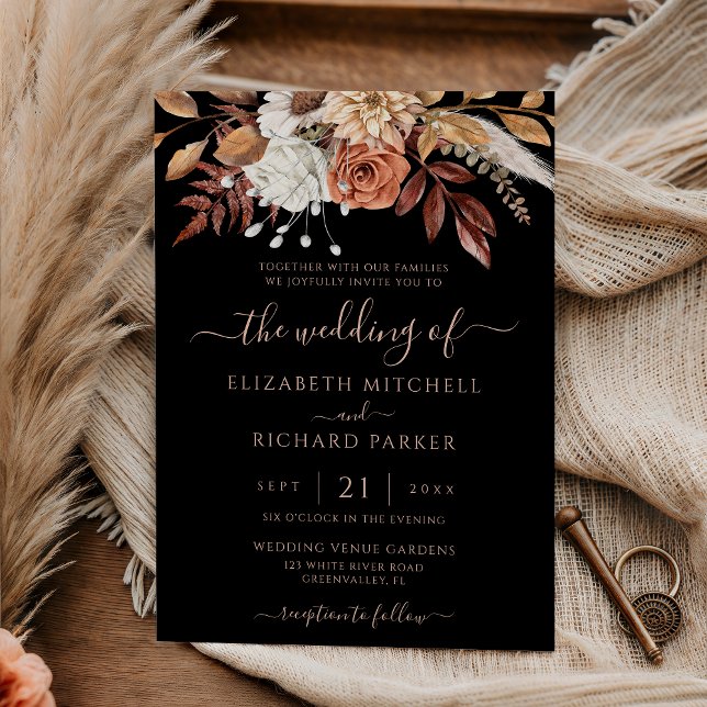 Convite Terracotta Floral Fall Foliage Moody Black Wedding (Criador carregado)
