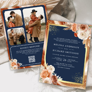 Convite Terracotta Floral Marinho Azul Foto Código QR Casa