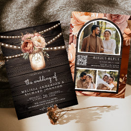 Convite Terracotta Floral Mason Jar Wood Código QR Casamen