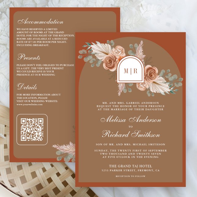 Convite Terracotta Floral Pampas Beige Tan QR Code Wedding (Criador carregado)
