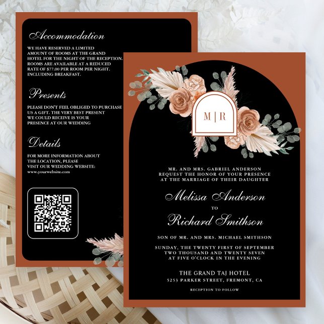 Convite Terracotta Floral Pampas Black QR Code Wedding (Criador carregado)