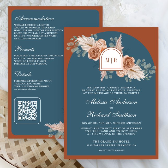 Convite Terracotta Floral Pampas Dusty Blue Wedding (Criador carregado)