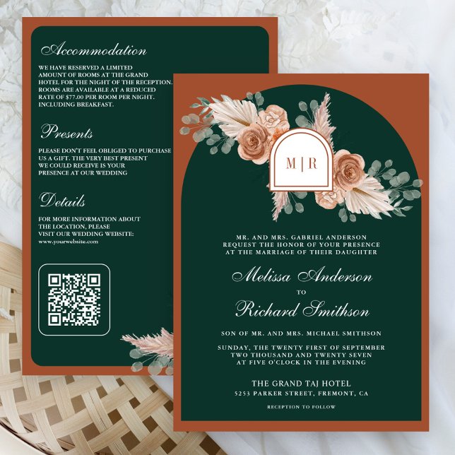 Convite Terracotta Floral Pampas Emerald QR Code Wedding (Criador carregado)