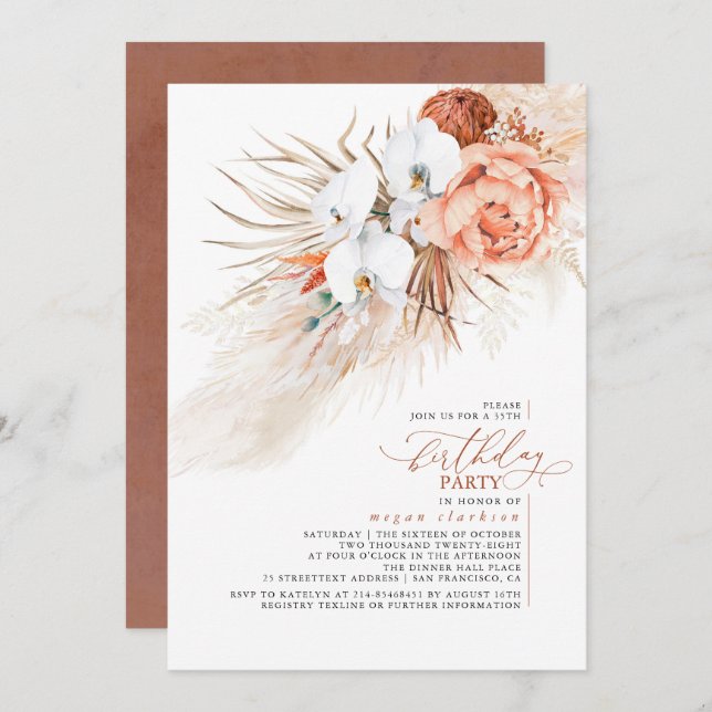 Convite Terracotta Floral Pampas Festa de aniversário (Frente/Verso)