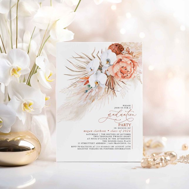 Convite Terracotta Floral Pampas Festa de formatura (Graduation Invitations with White Orchids and Terracotta Foliage)