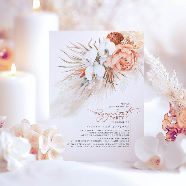 Convite Terracotta Floral Pampas Festa de noivado (Terracotta Boho Engagement Party Invitations)