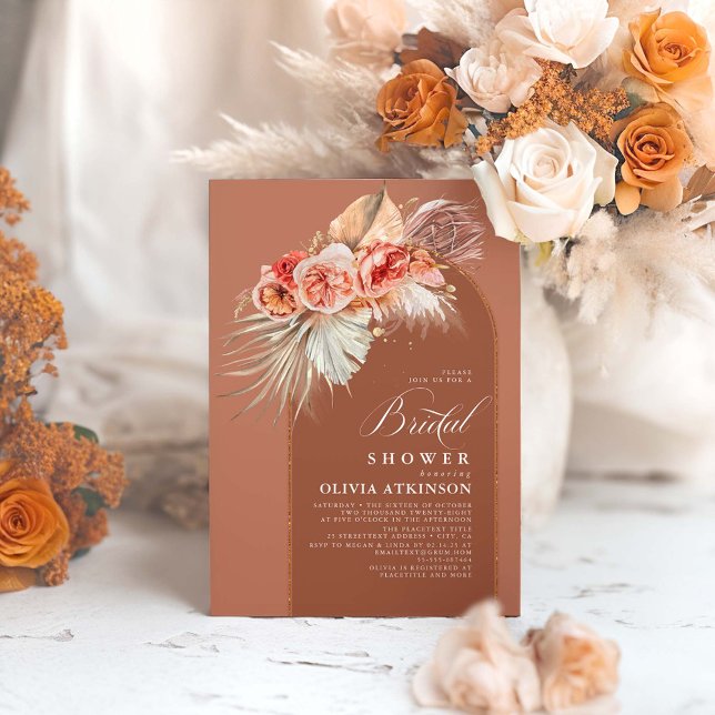 Convite Terracotta Floral Pampas Grass Boho Chá de panela (Boho Floral Terracotta Bridal Shower Invitations)