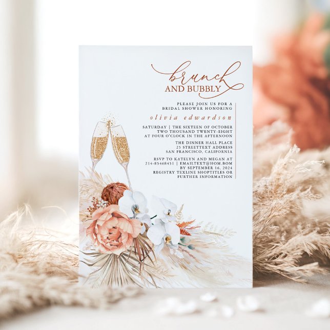 Convite Terracotta Floral Pampas Grass Brunch e Bubble (Floral Terracotta Bridal Shower Invitation - Brunch and Bubbly)