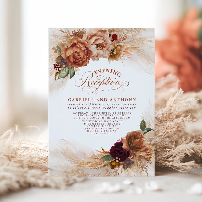 Convite Terracotta Floral Pampas Grass Evening Recepção (Terracotta Floral Fall Wedding Evening Reception Invitations)
