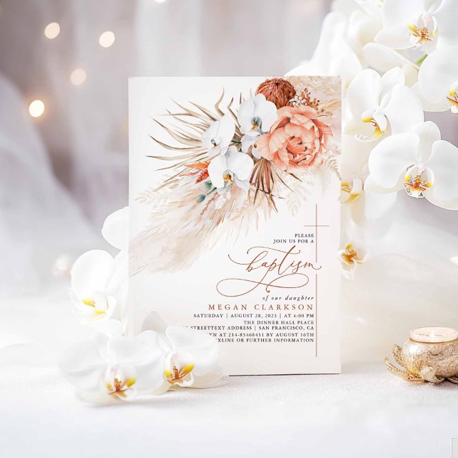 Convite Terracotta Floral Pampas Grass Moderno Batismo (Boho Terracotta Baptism Invitations)